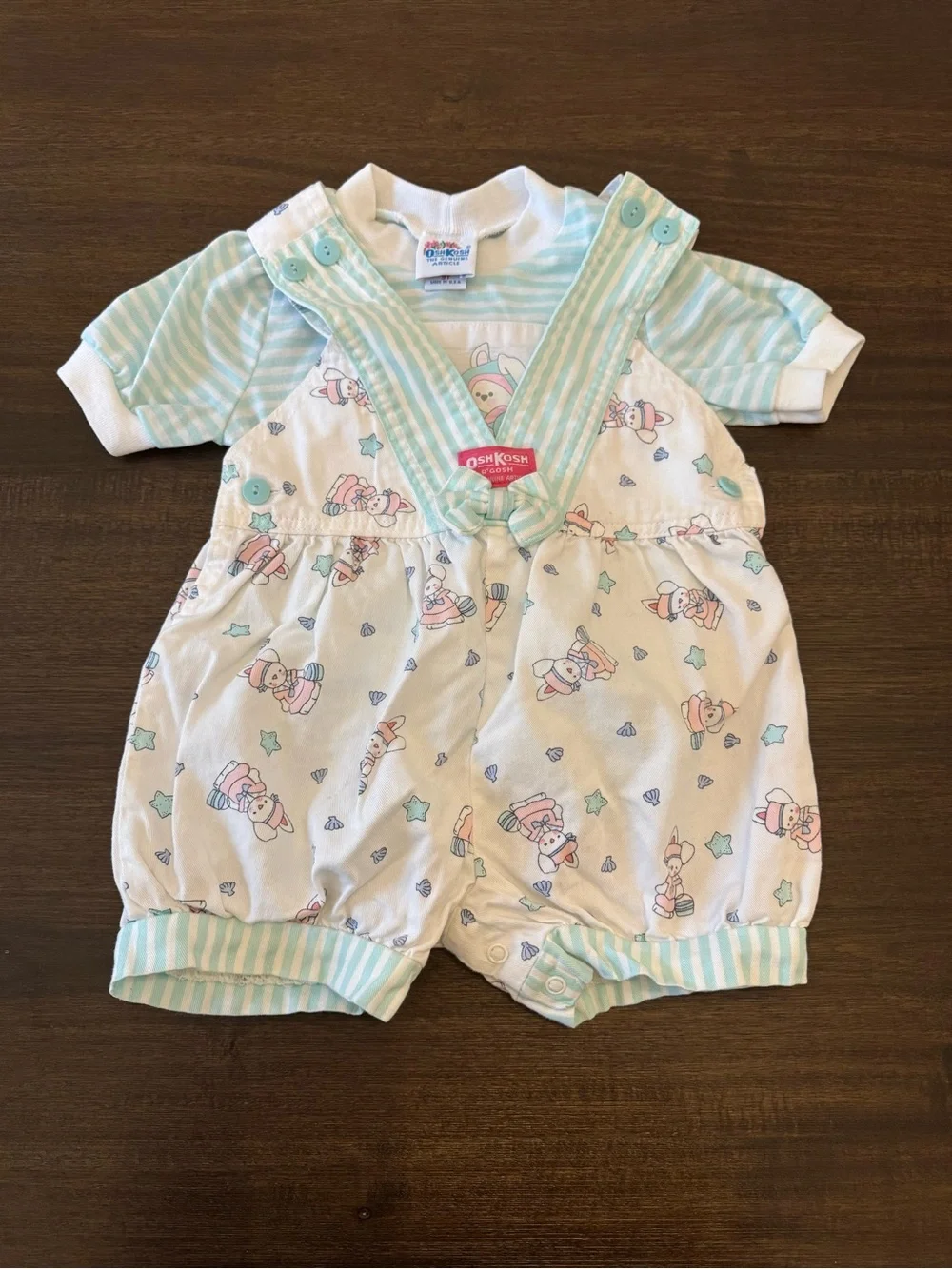 Vintage OshKosh B'gosh Mint & White Striped Baby Overalls with Tee Size 3T